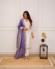 Cotton Silk V-neck embroidery work Kurti Set - Eraya