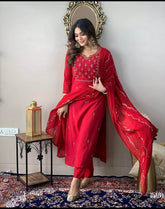 Authentic red embroidered rayon kurti set - Eraya