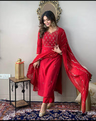 Authentic red embroidered rayon kurti set - Eraya