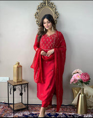 Authentic red embroidered rayon kurti set - Eraya