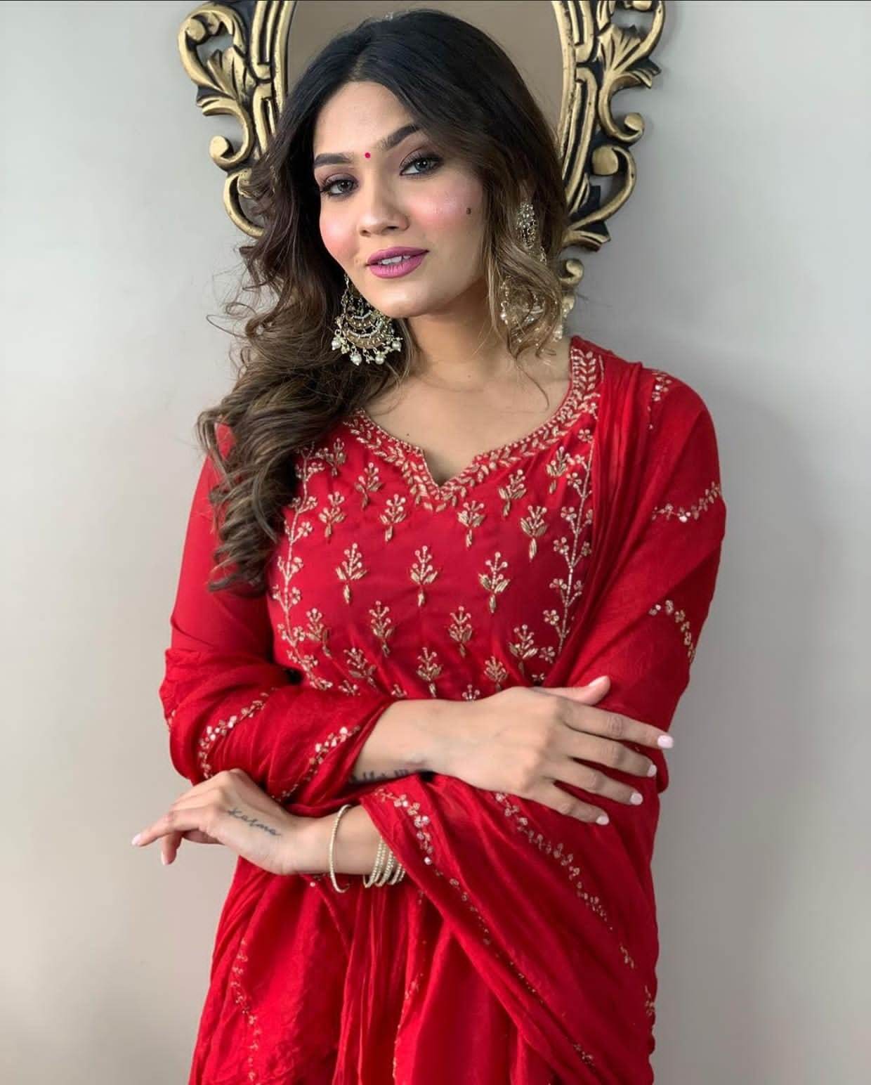 Authentic red embroidered rayon kurti set - Eraya