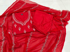 Authentic red embroidered rayon kurti set - Eraya