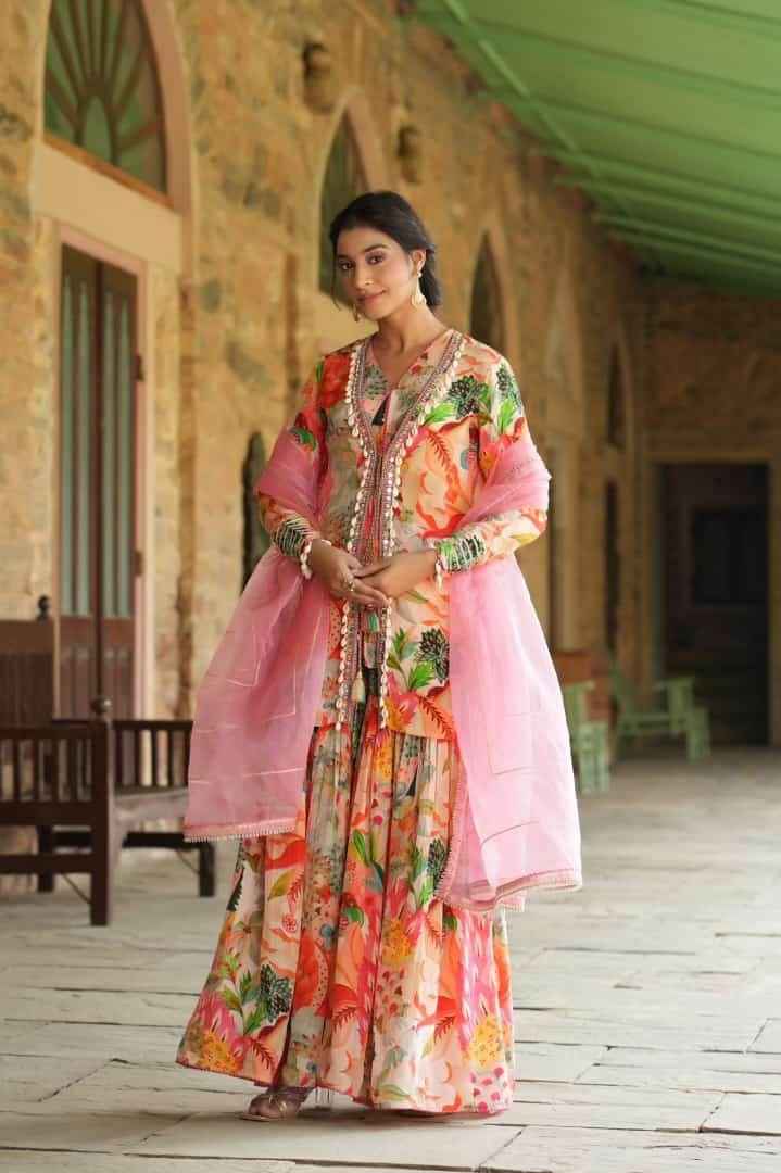Chinon Fabric Opulent Top, Jacket, Sharara & Dupatta Set