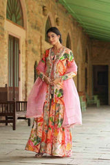 Chinon Fabric Opulent Top, Jacket, Sharara & Dupatta Set