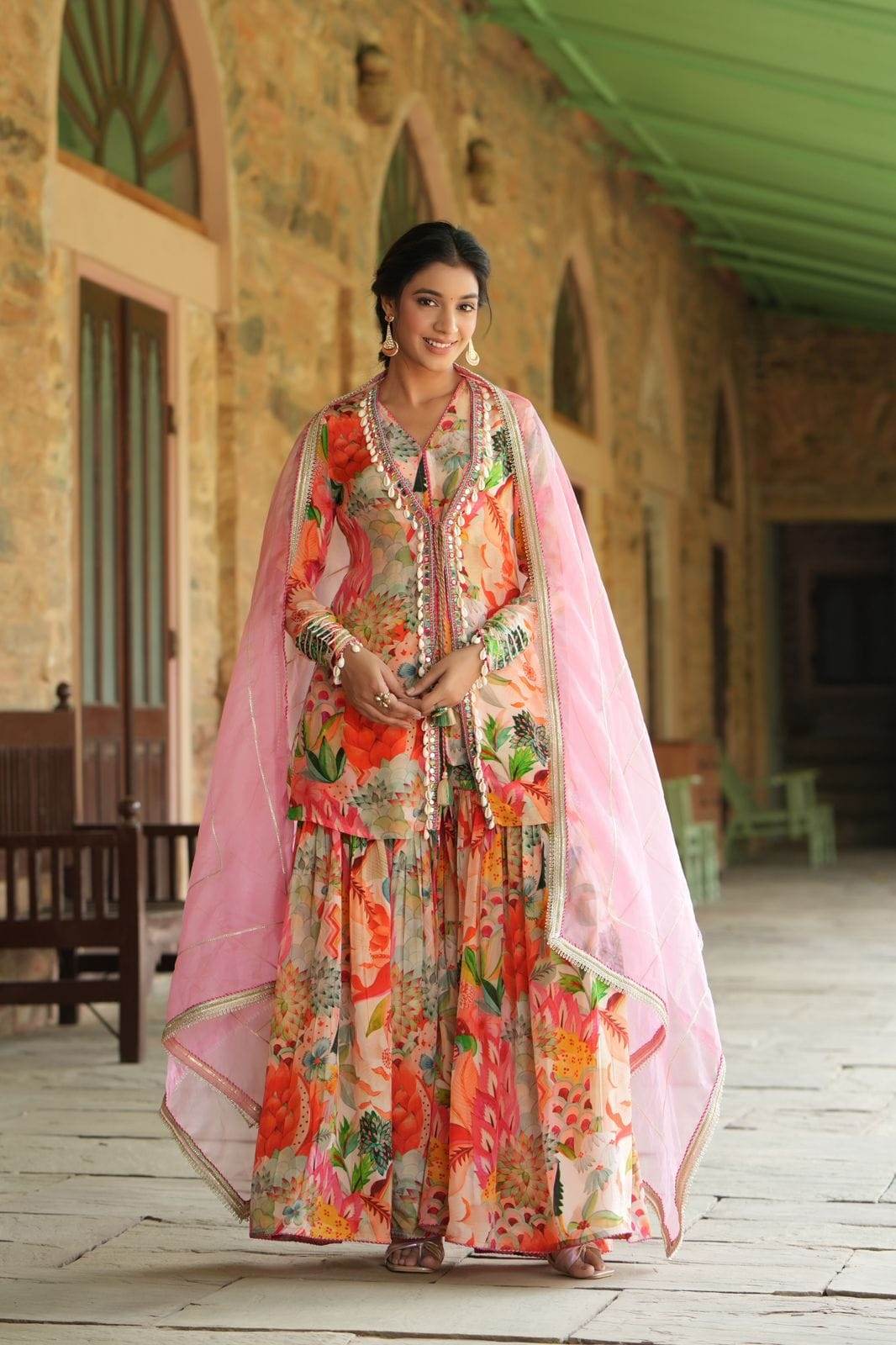 Chinon Fabric Opulent Top, Jacket, Sharara & Dupatta Set - Eraya