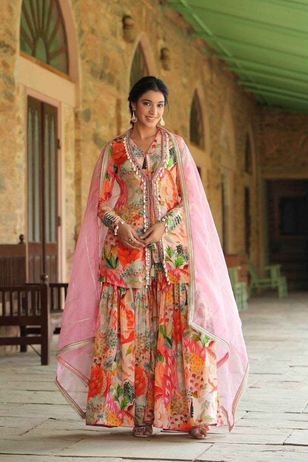 Chinon Fabric Opulent Top, Jacket, Sharara & Dupatta Set