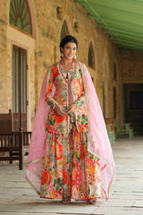 Chinon Fabric Opulent Top, Jacket, Sharara & Dupatta Set