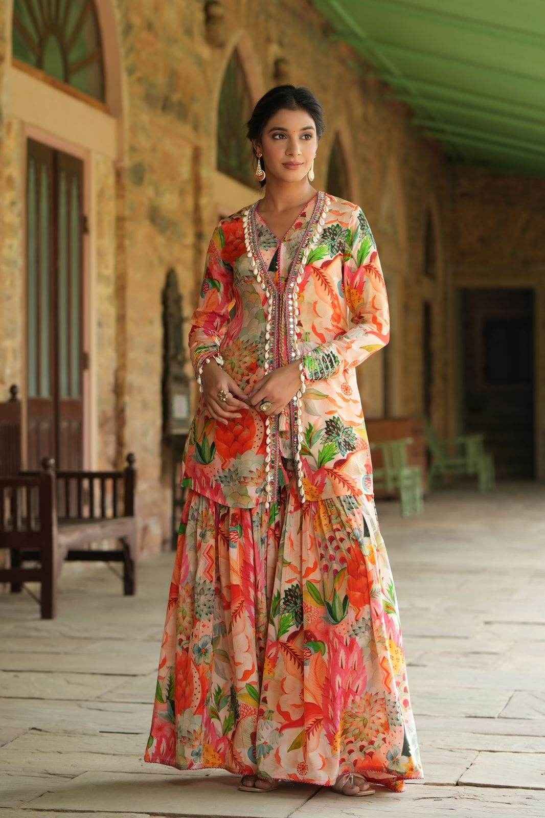 Chinon Fabric Opulent Top, Jacket, Sharara & Dupatta Set