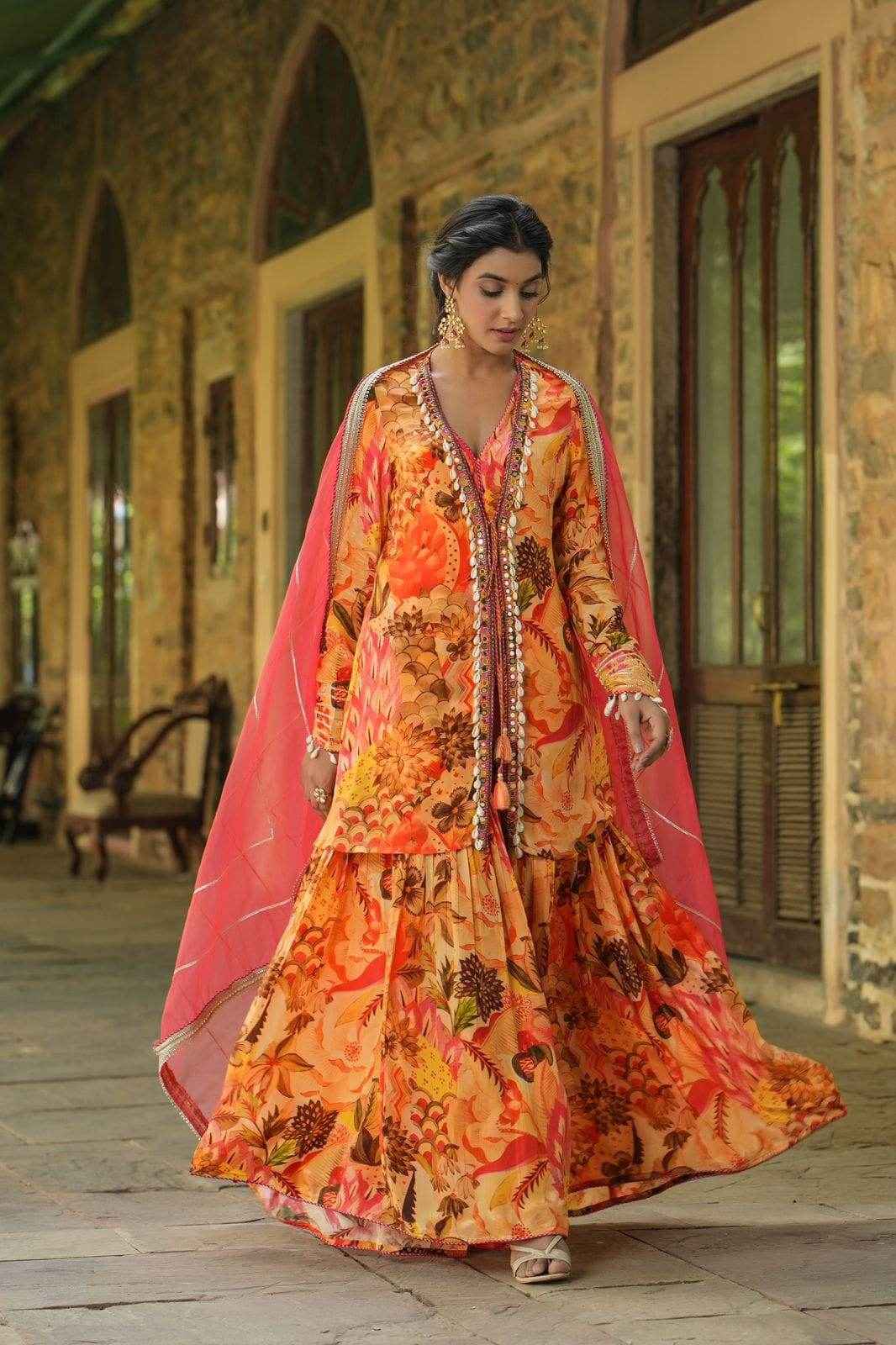 Chinon Fabric Opulent Top, Jacket, Sharara & Dupatta Set