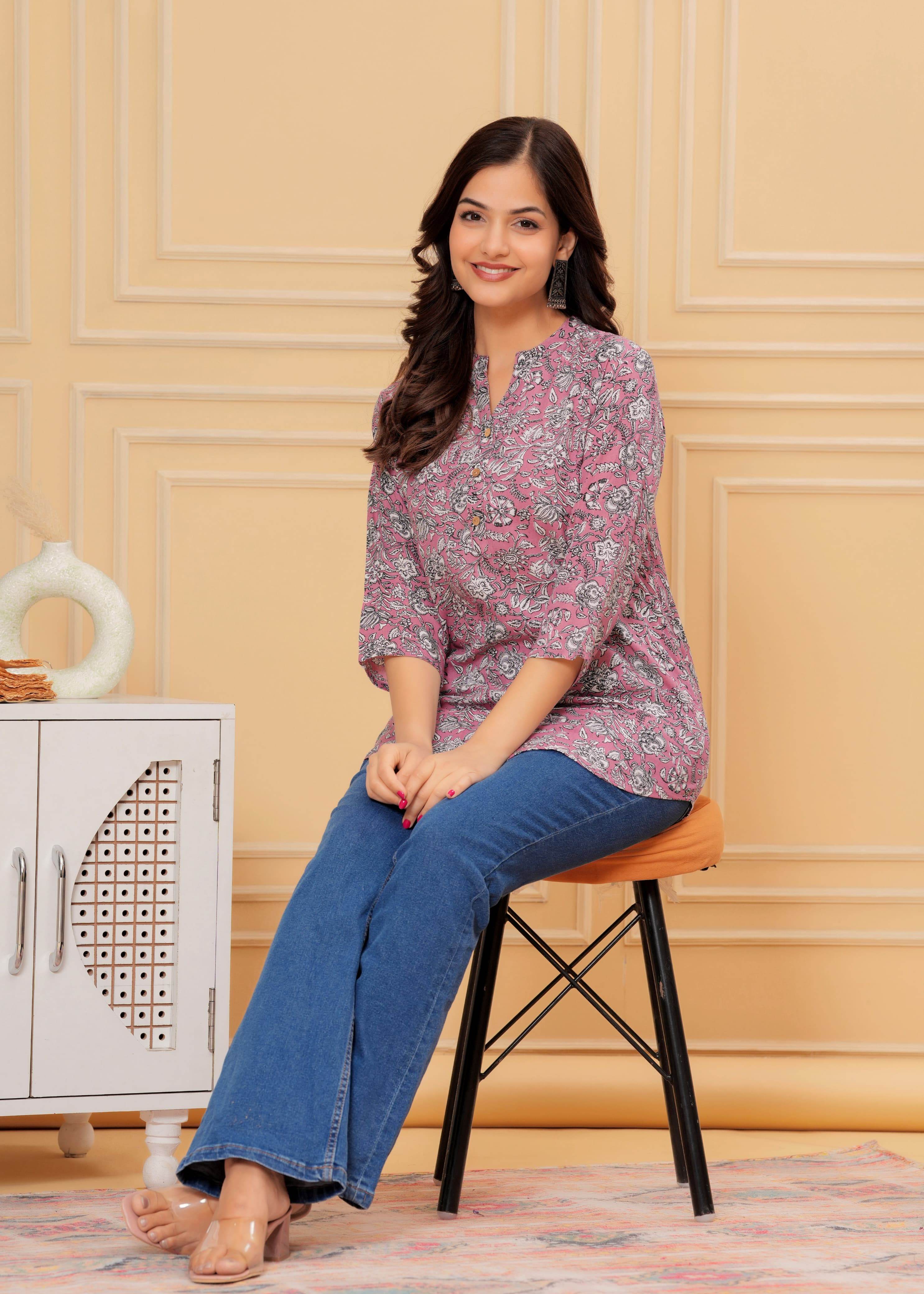 Rayon short baby pink printed kurti - Eraya