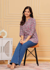 Rayon short baby pink printed kurti - Eraya