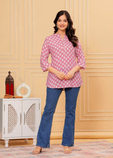 Rayon short kurti printed pink - Eraya