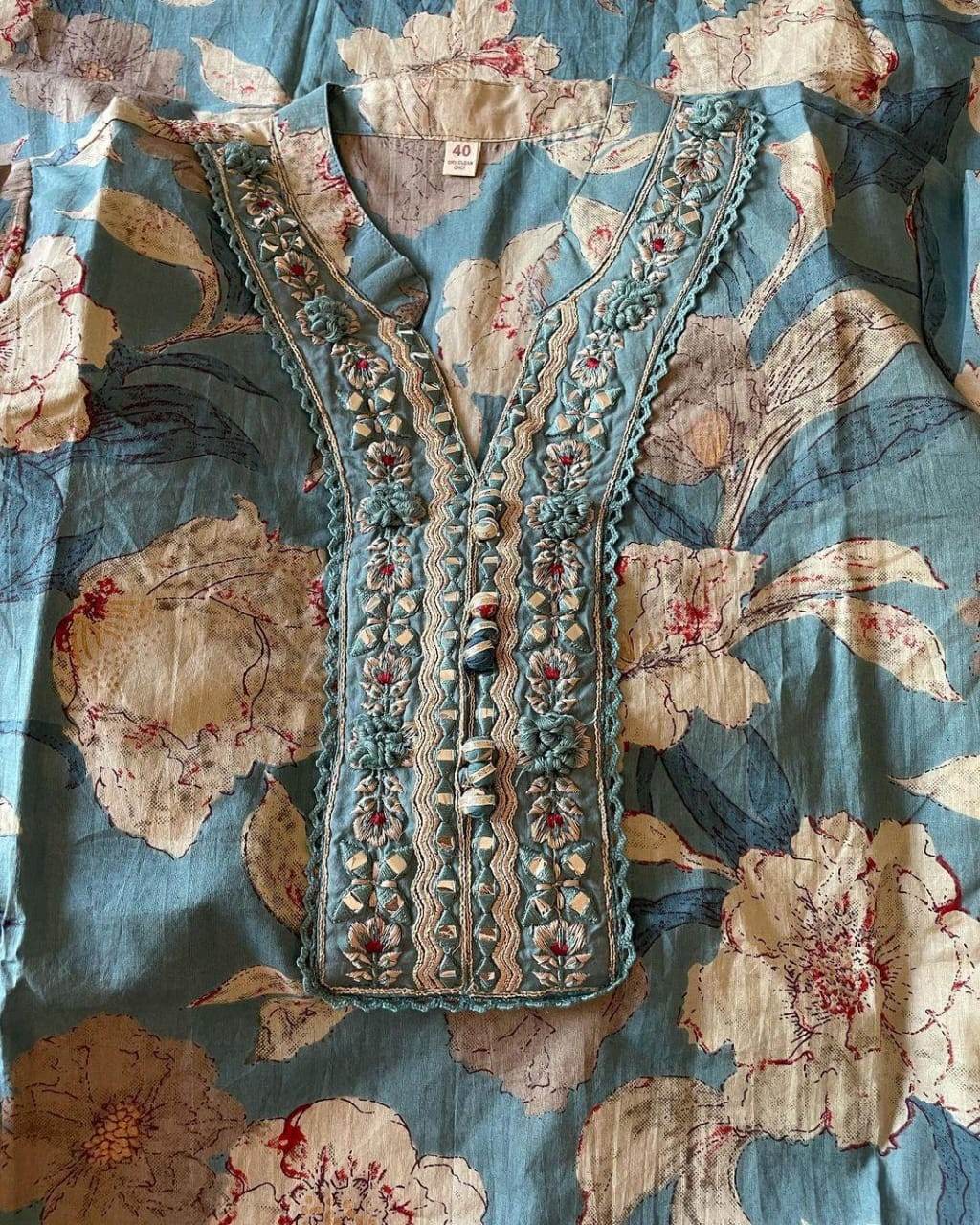 Floral printed mirror embellished straight kurta set - Eraya