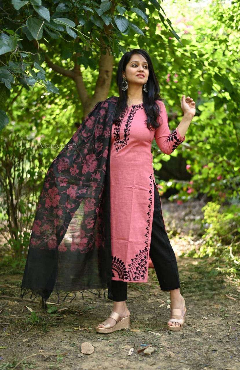 Traditional handloom cotton kurta-pany and chanderi dupatta set - Eraya