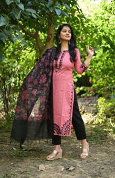 Traditional handloom cotton kurta-pany and chanderi dupatta set - Eraya