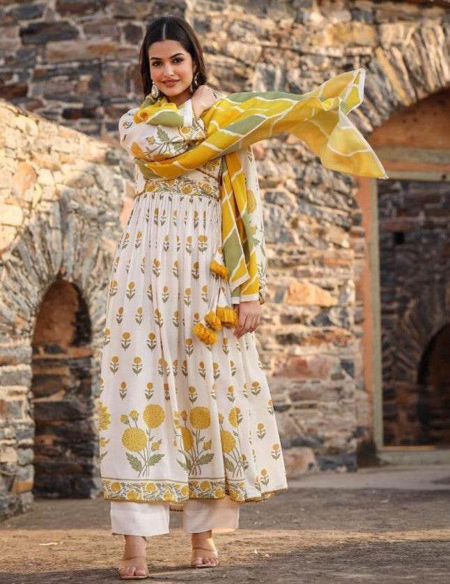 Embroidery yoke aliya cut style with beautiful print and naira cut kurta set - Eraya