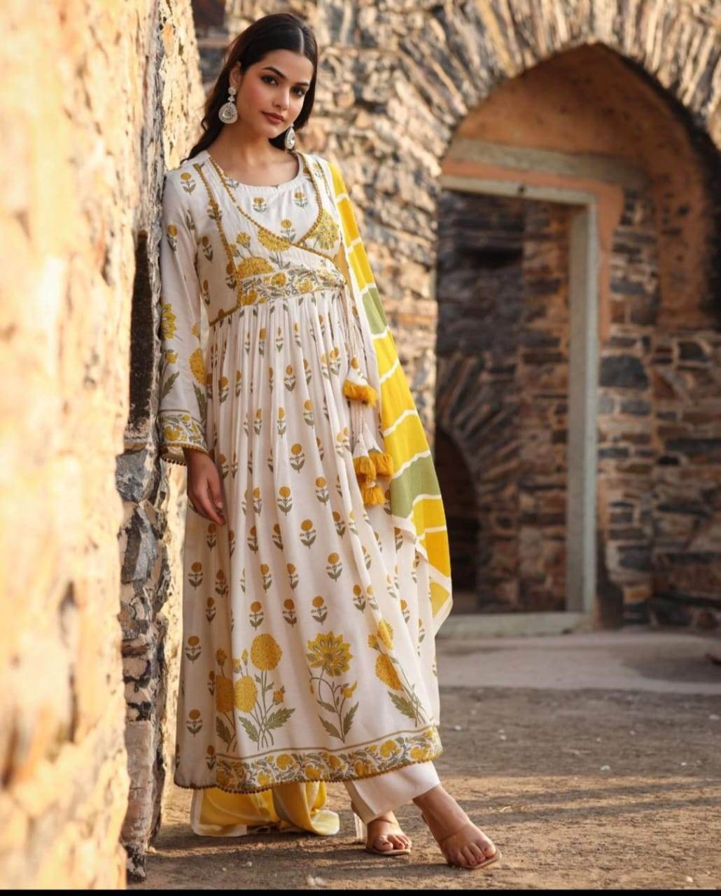 Embroidery yoke aliya cut style with beautiful print and naira cut kurta set - Eraya