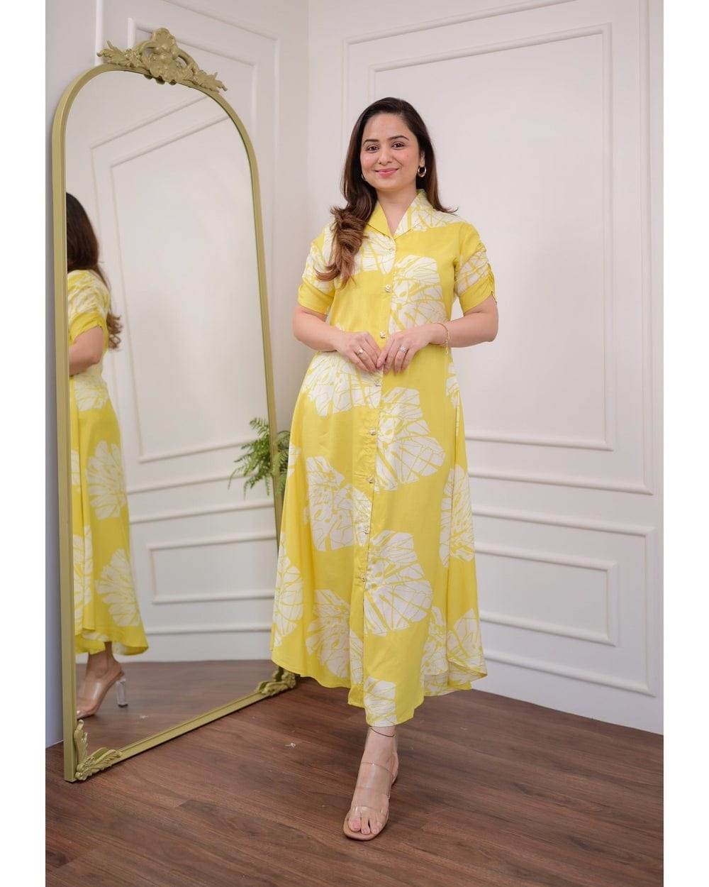 Premium floral yellow cotton gown - Eraya