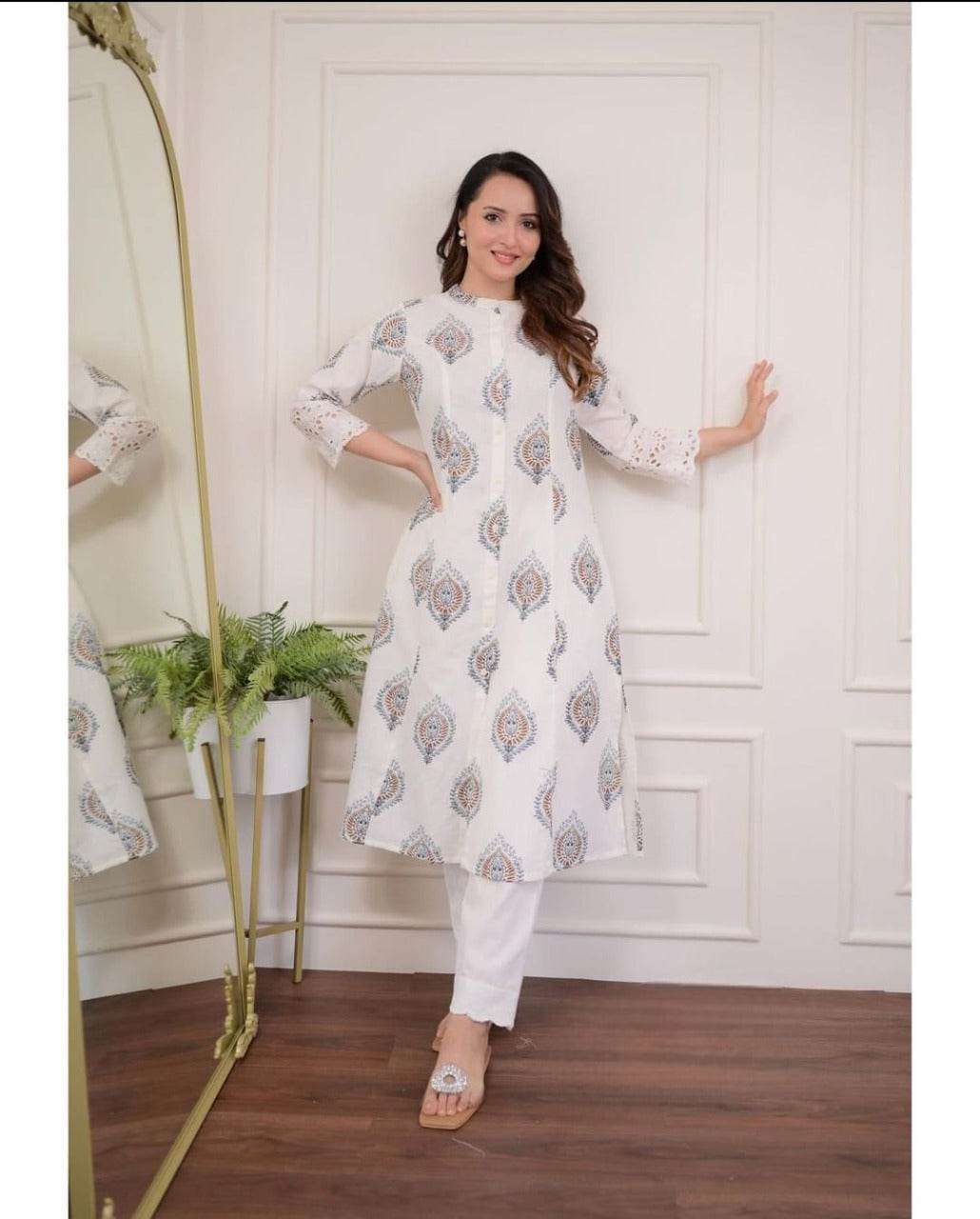 Beautiful cotton aline pattern kurt-pant set - Eraya