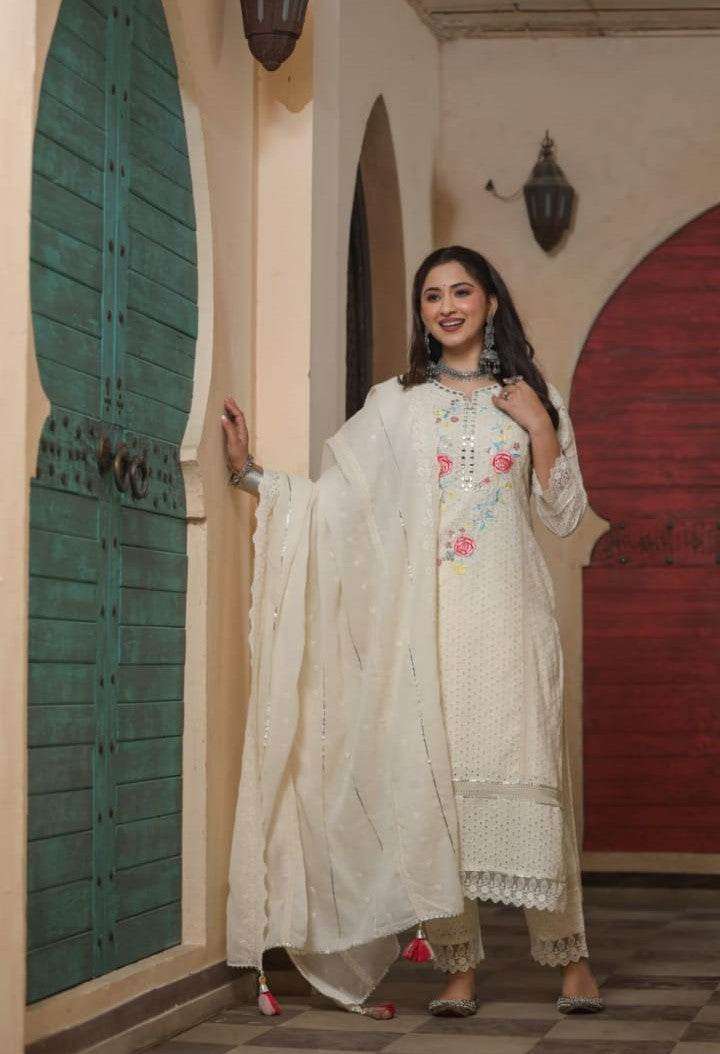 Premium authentic chikan schiffli cotton fabric kurti set - Eraya