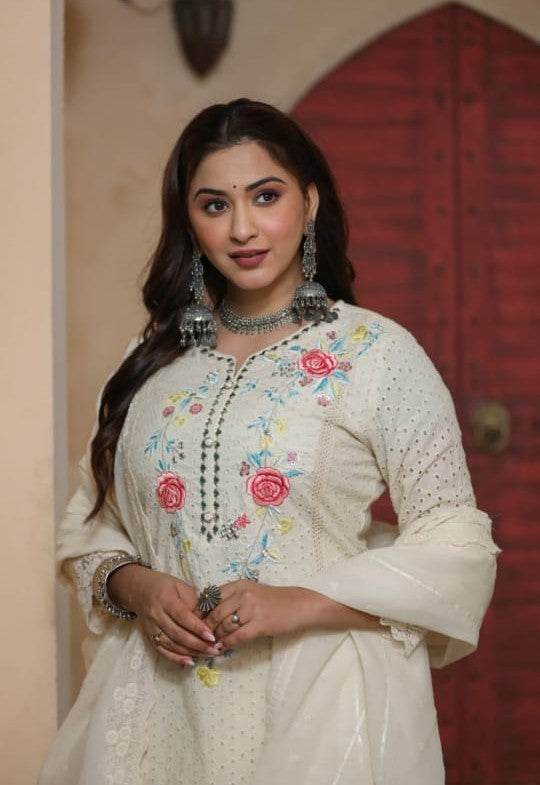 Premium authentic chikan schiffli cotton fabric kurti set - Eraya