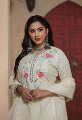 Premium authentic chikan schiffli cotton fabric kurti set - Eraya