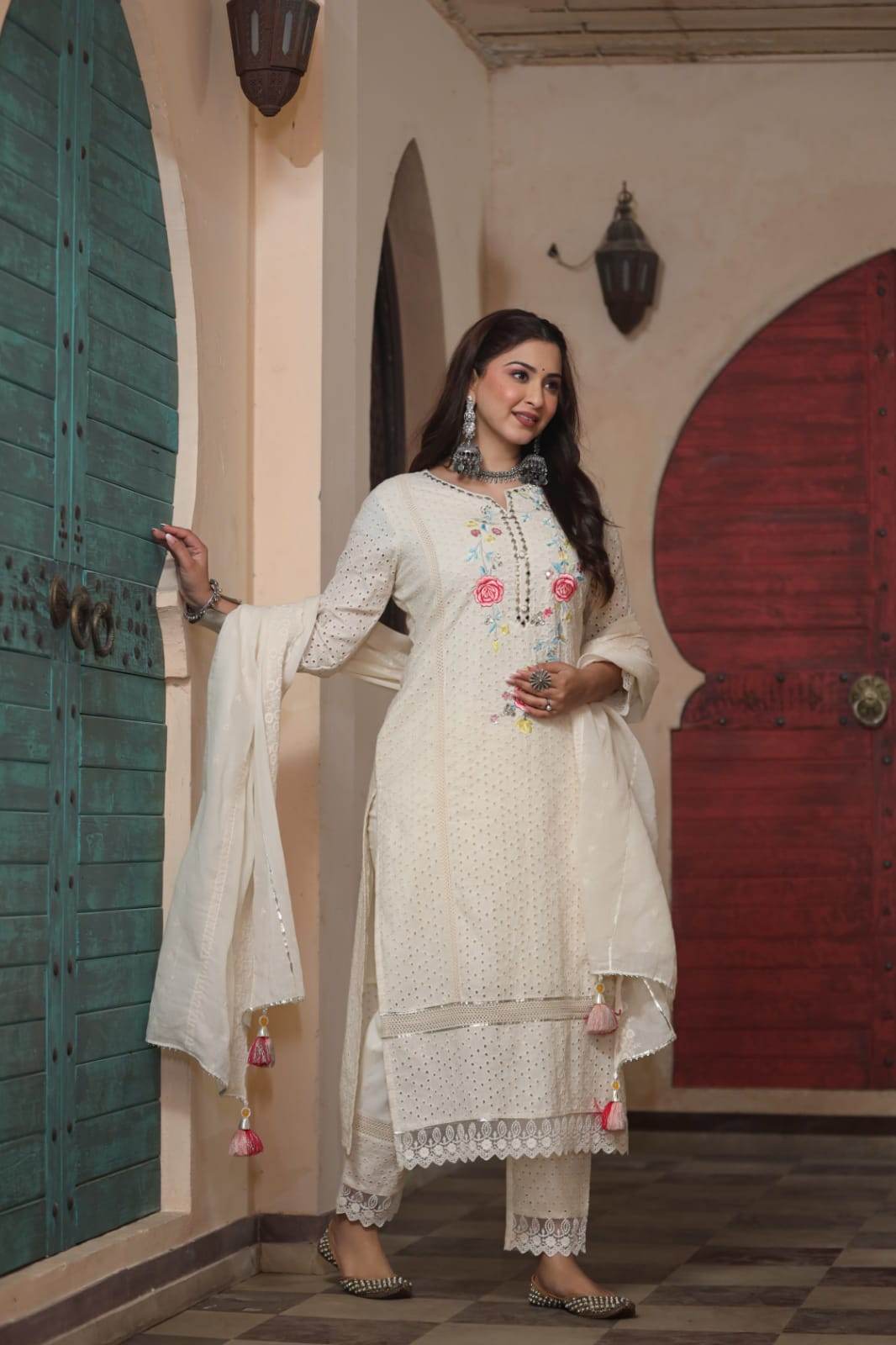 Premium authentic chikan schiffli cotton fabric kurti set - Eraya