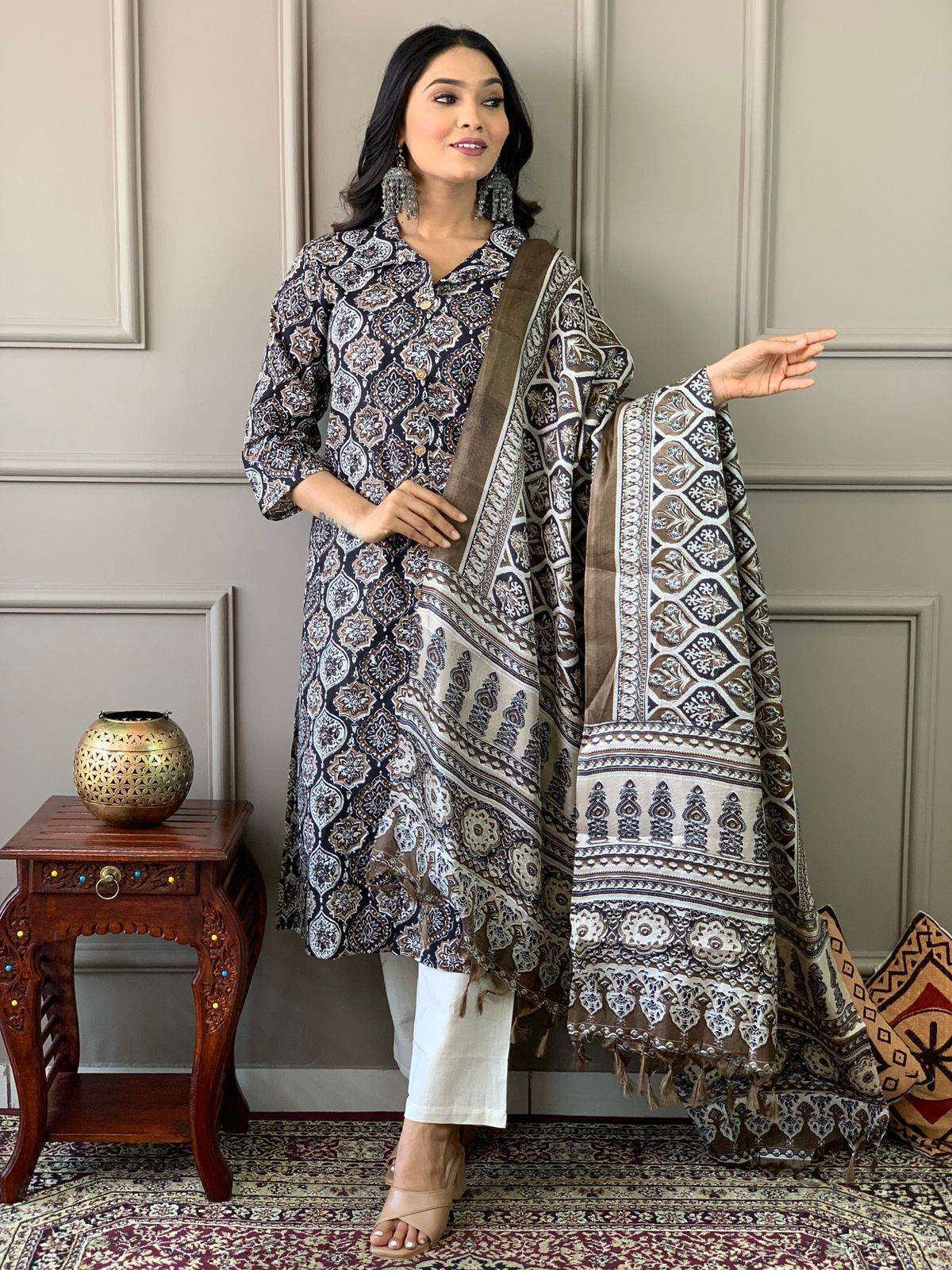 Ajrakh work cotton kurta with cotton pant and silk dupatta - Eraya