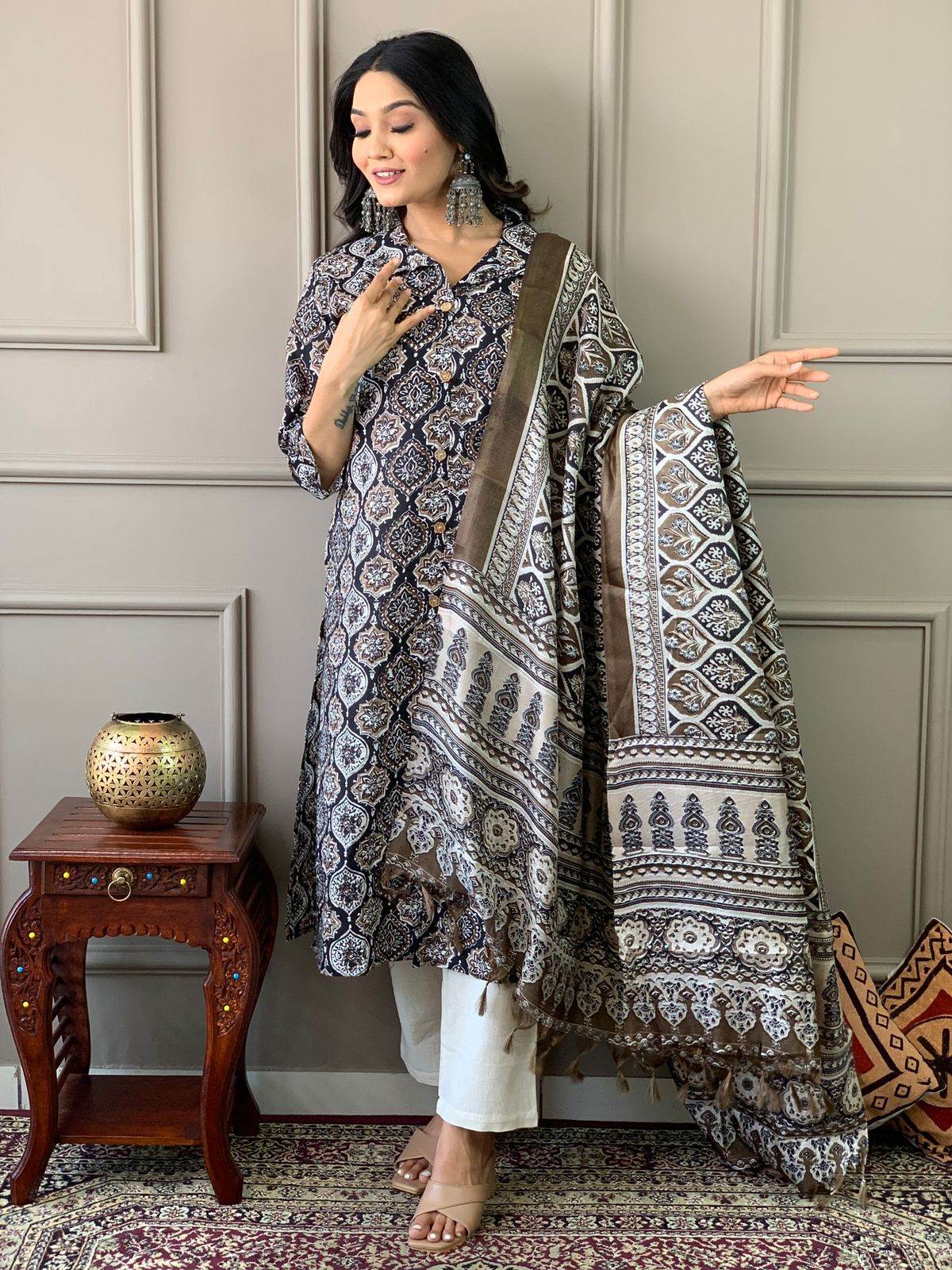 Ajrakh work cotton kurta with cotton pant and silk dupatta - Eraya