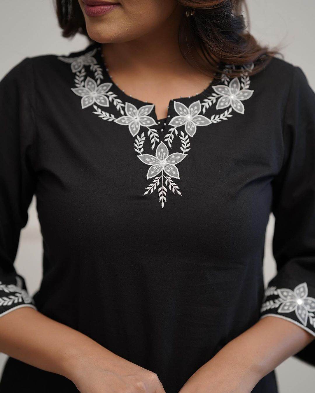 Office wear black cotton embroidery work kurti - Eraya