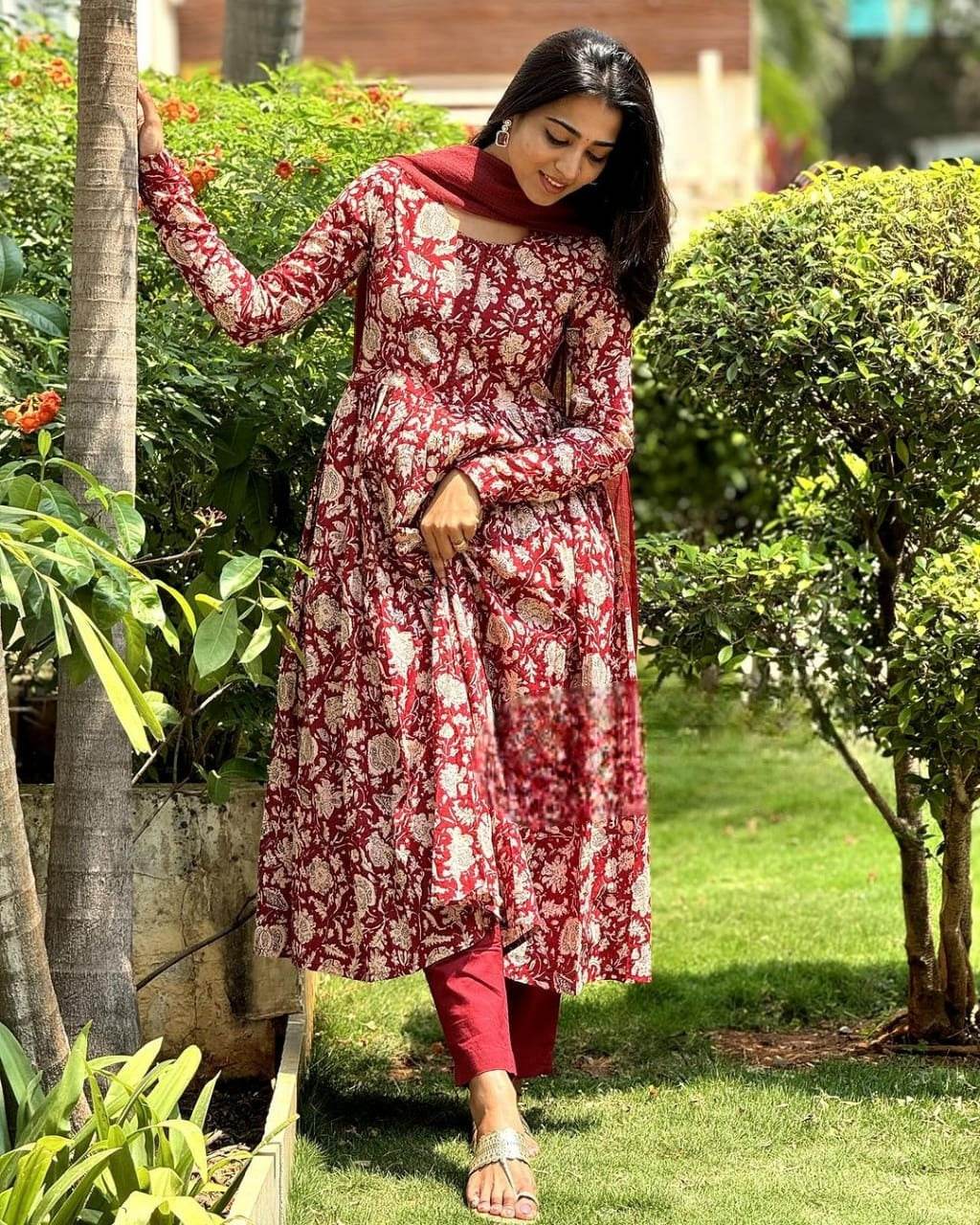 Beautiful anarkali cotton kurti set with kota-doria dupatta - Eraya