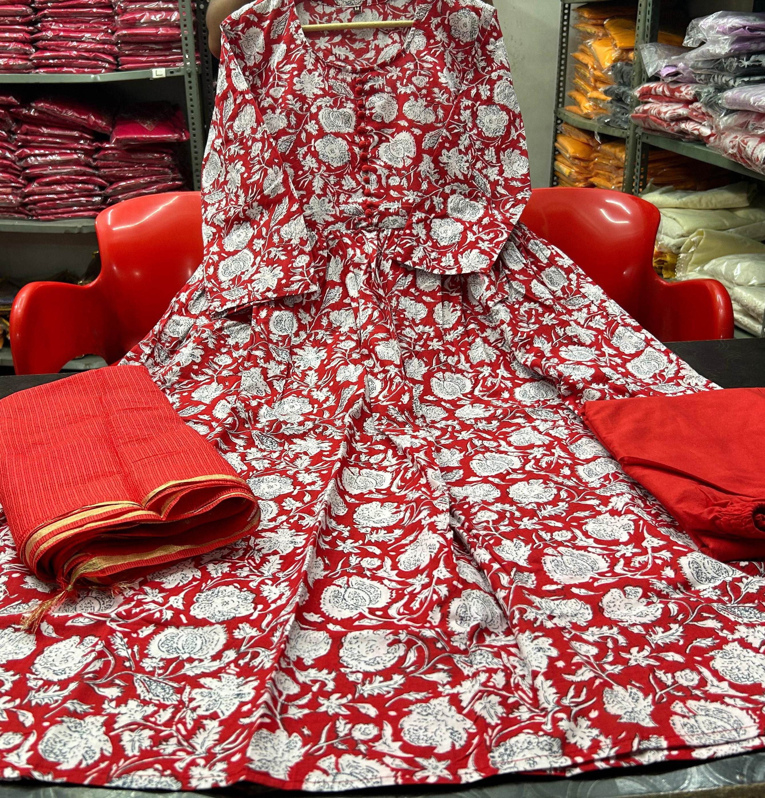 Beautiful anarkali cotton kurti set with kota-doria dupatta - Eraya