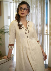 Classy Cotton Flex Off-White Kurta With Embroidered Yoke, Paired With Printed Pant - Eraya