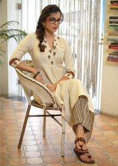 Classy Cotton Flex Off-White Kurta With Embroidered Yoke, Paired With Printed Pant - Eraya