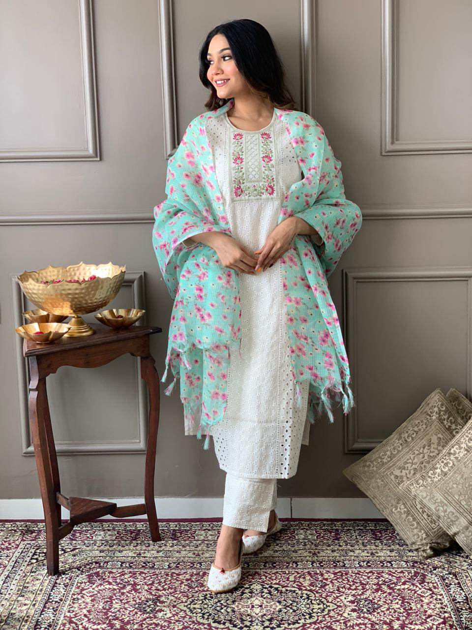 Pure chikan kurta with embroidery work and digital print silk dupatta - Eraya