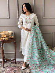 Pure chikan kurta with embroidery work and digital print silk dupatta - Eraya