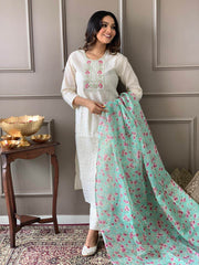 Pure chikan kurta with embroidery work and digital print silk dupatta - Eraya
