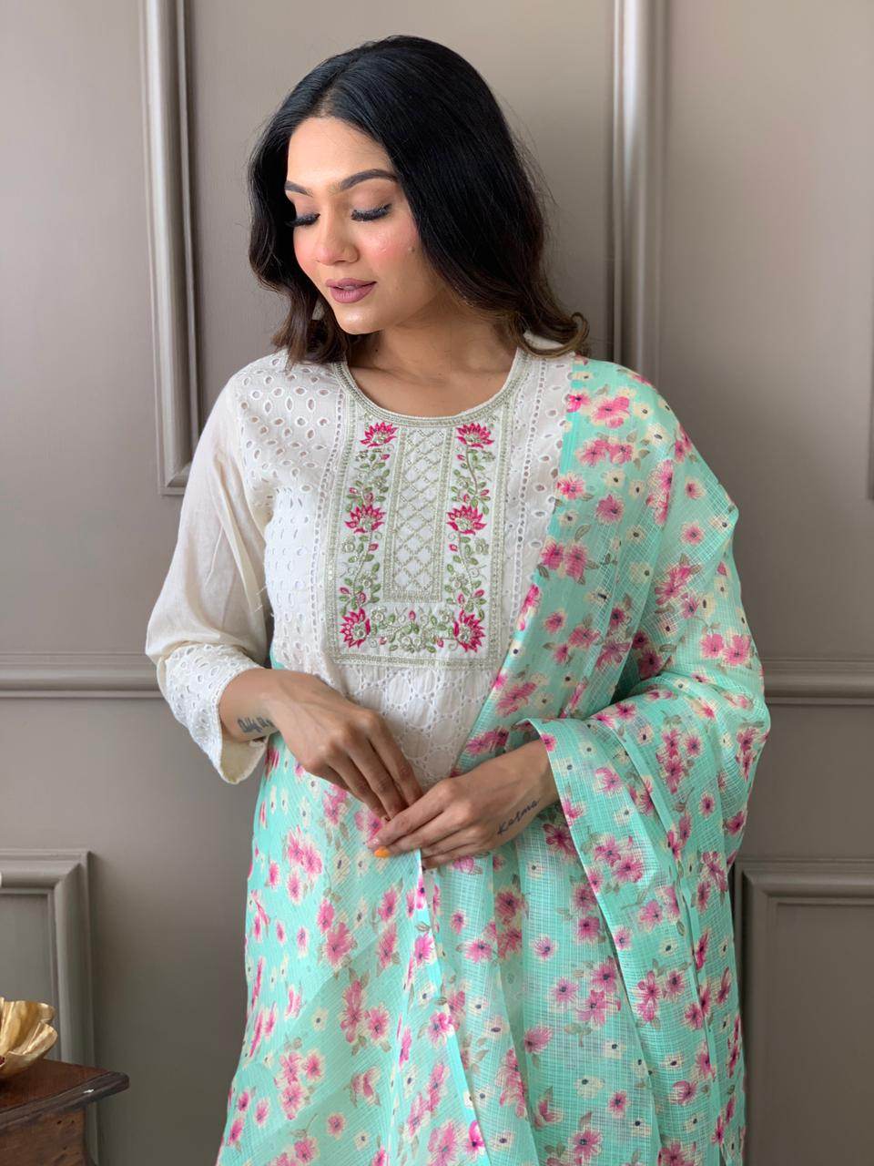 Pure chikan kurta with embroidery work and digital print silk dupatta - Eraya