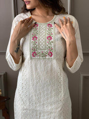 Pure chikan kurta with embroidery work and digital print silk dupatta - Eraya