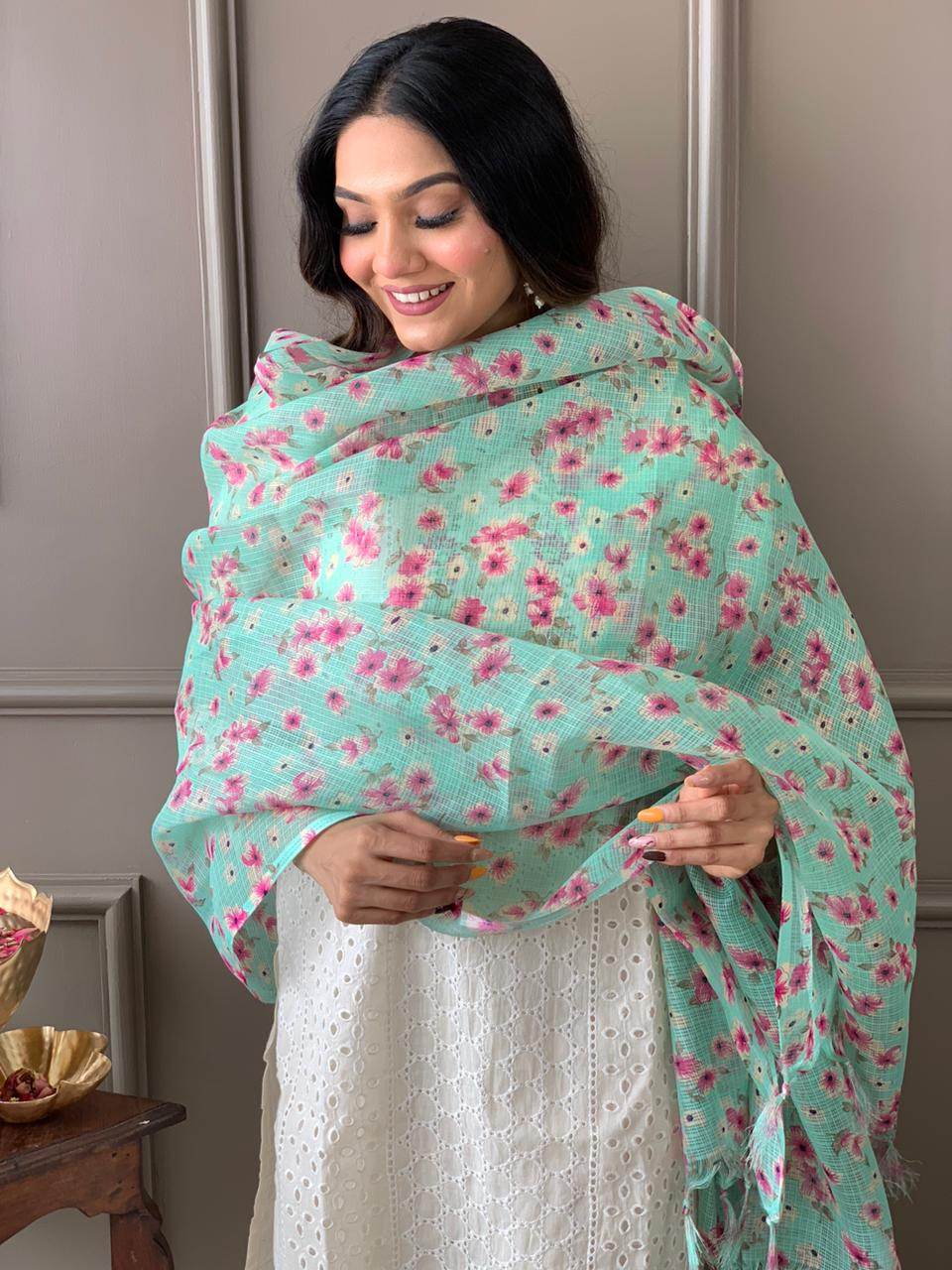 Pure chikan kurta with embroidery work and digital print silk dupatta - Eraya