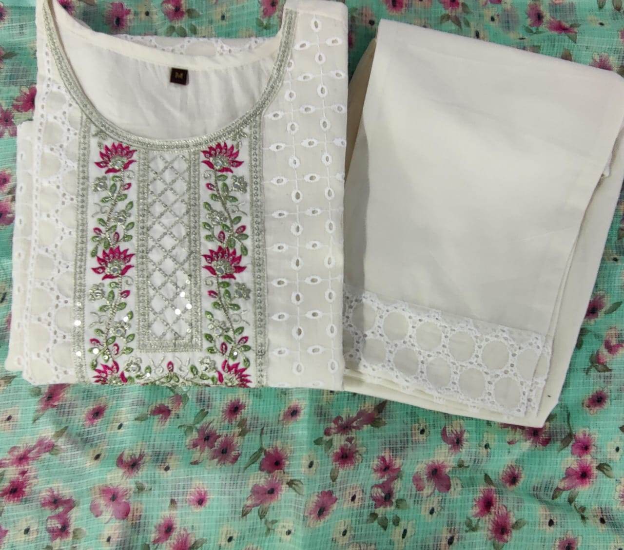 Pure chikan kurta with embroidery work and digital print silk dupatta - Eraya