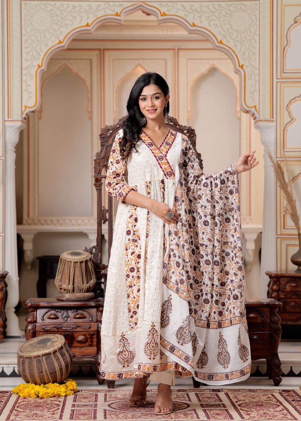 Beautiful angarkha pattern heavy chikankari work cotton kurti set with print! - Eraya