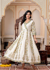 Beautiful angarkha pattern heavy chikankari work cotton kurti set with print! - Eraya