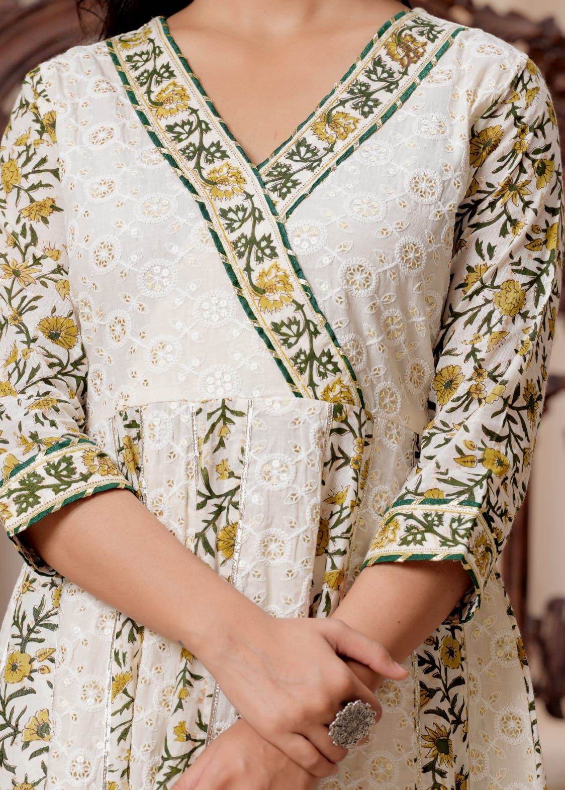 Beautiful angarkha pattern heavy chikankari work cotton kurti set with print! - Eraya