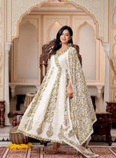 Beautiful angarkha pattern heavy chikankari work cotton kurti set with print! - Eraya