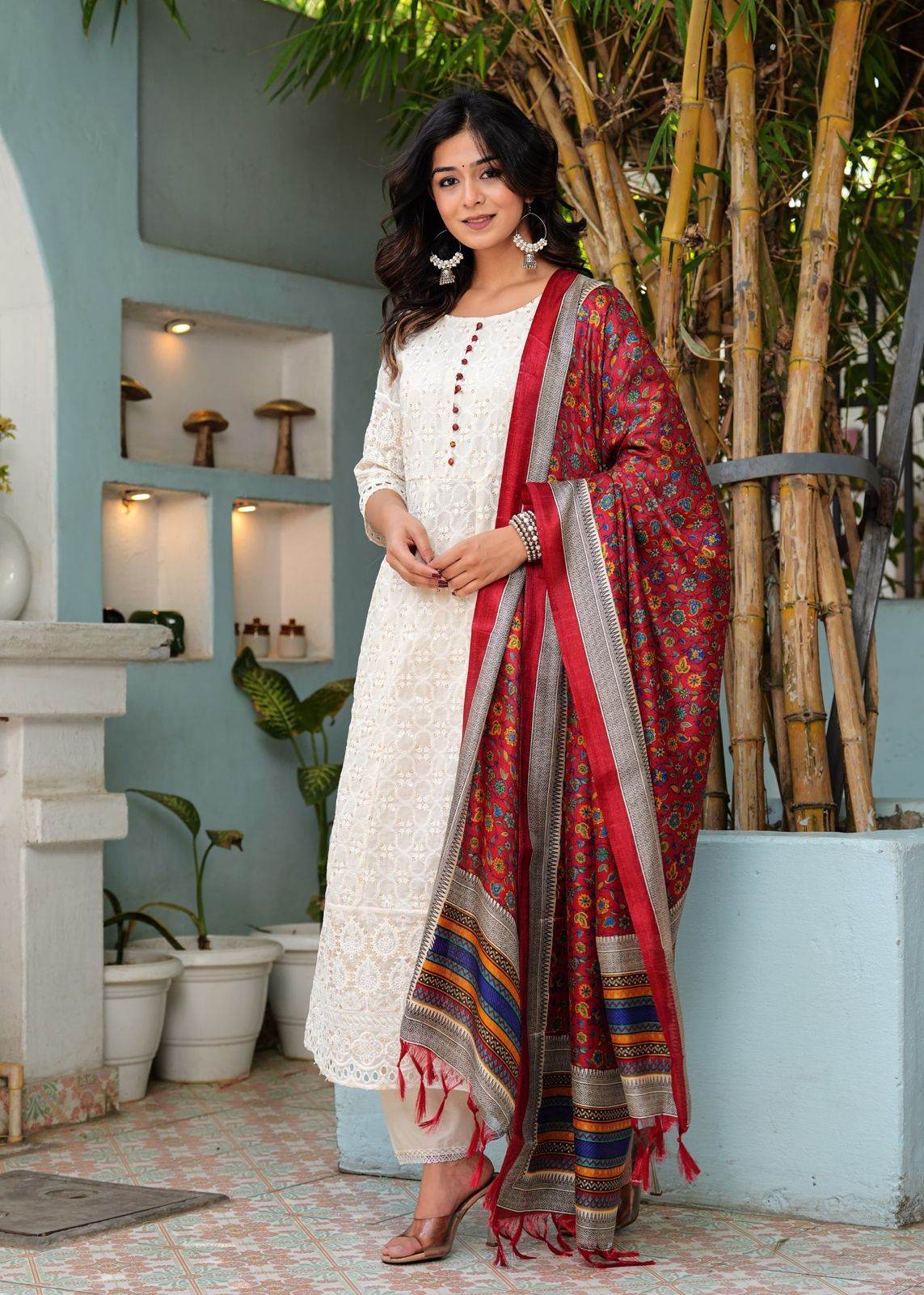 Pure lucknowi chikankari anarkali kurta with chanderi digital print dupatta - Eraya