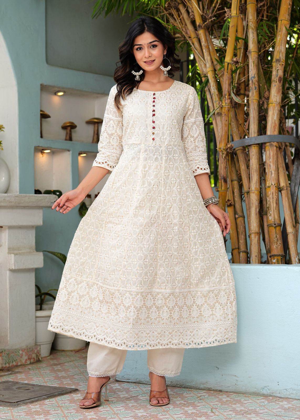 Pure lucknowi chikankari anarkali kurta with chanderi digital print dupatta - Eraya