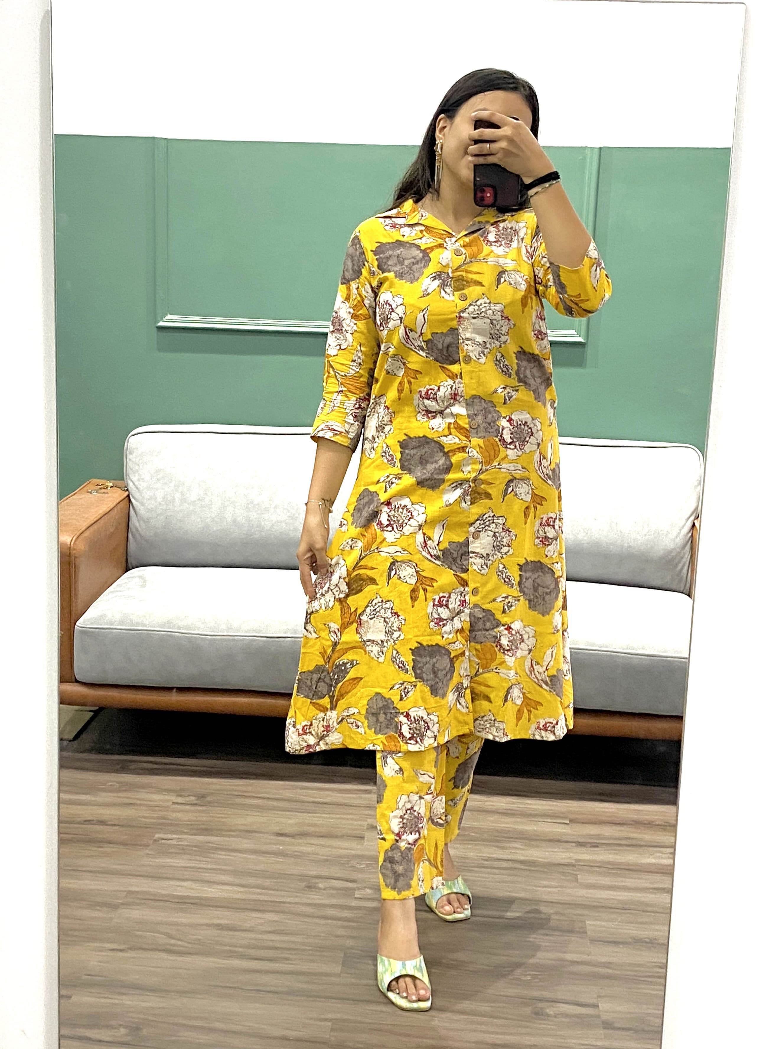 Floral printed collar pattern cotton fabric co-ord set - Eraya