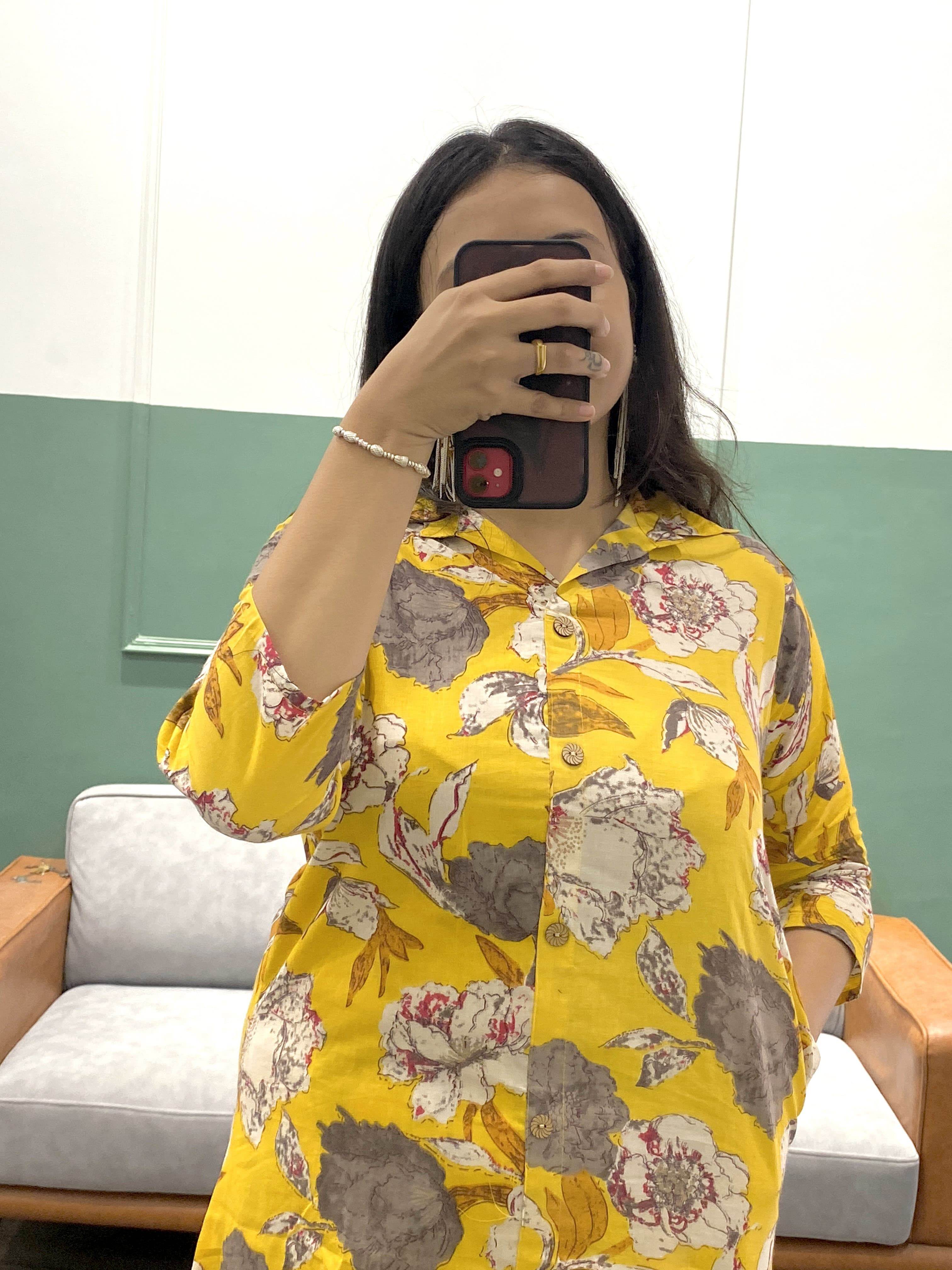 Floral printed collar pattern cotton fabric co-ord set - Eraya