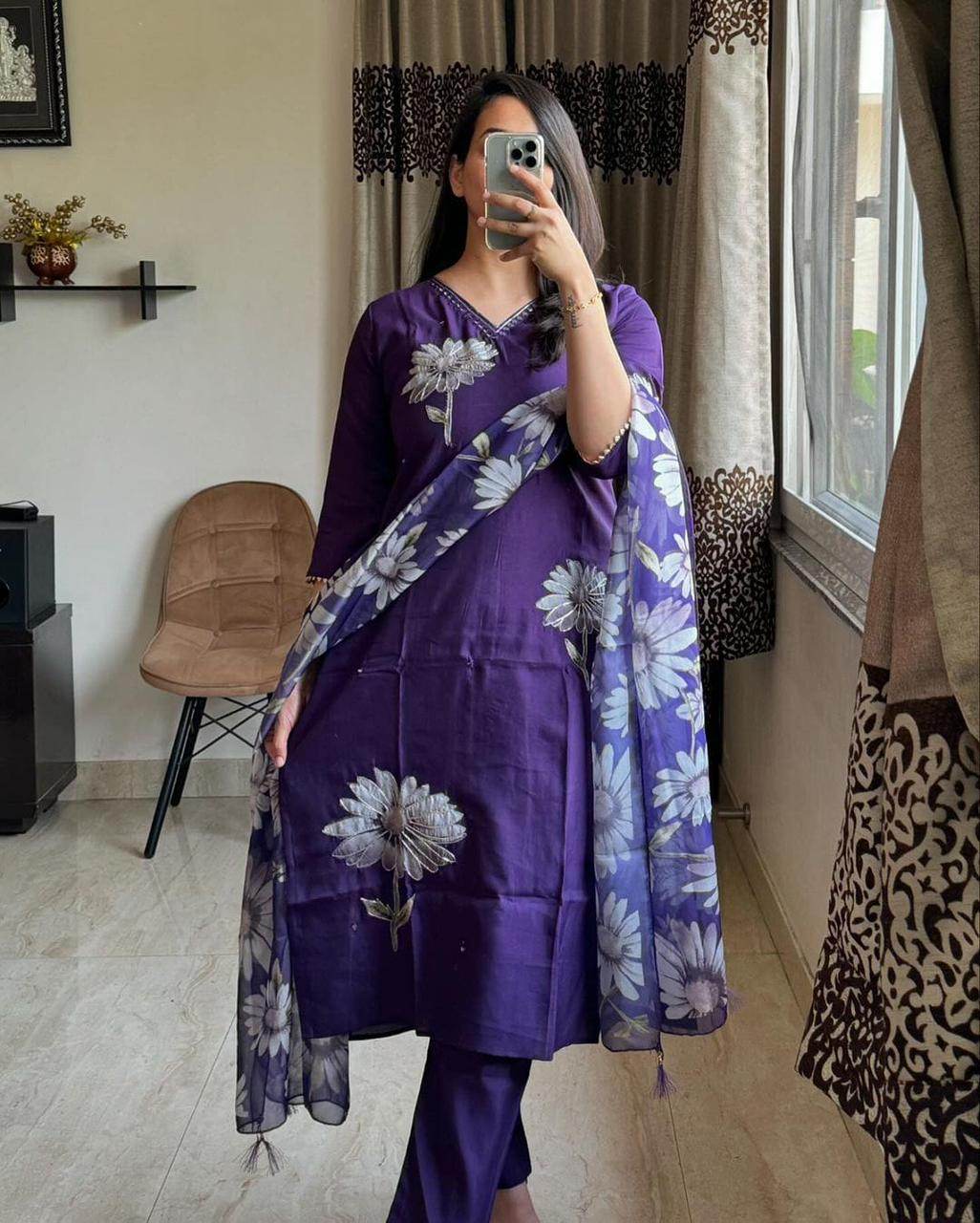 Beautiful kurta set with heavy embroidery, lace work on yoke with pant and silk dupatta - Eraya